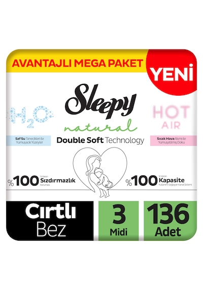 Sleepy Natural Double Soft Avantajlı Mega Paket Bebek Bezi 3 Numara Midi 136 Adet