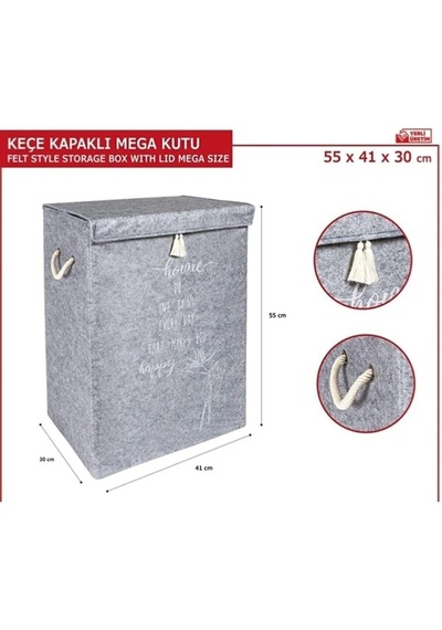 Keçe Kapaklı Kirli Çamaşır Sepeti - Çok Amaçlı Saklama Kutusu Mega Hurç Gri 55 X 41 X 30 Cm Diğer