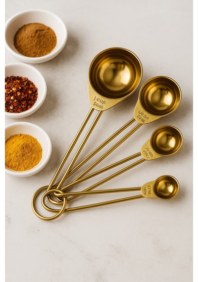 Qerhome 4'lü Metal Saplı Gold Touch Premium Ölçü Kaşık Seti Küçük Boy Baharat Kaşığı Golden