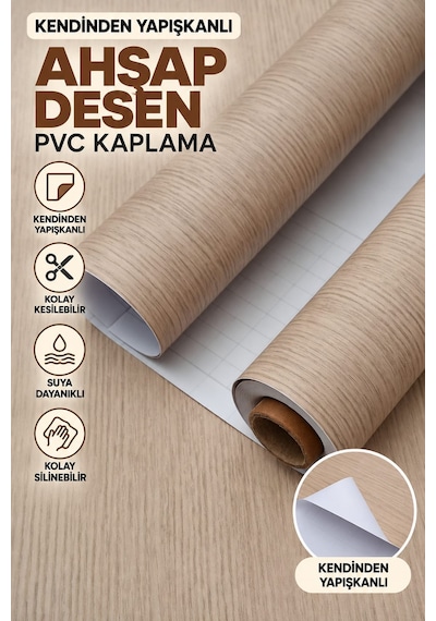 Deconitte Premium Kendinden Yapışkanlı Bej Renkli Ahşap Desenli Mobilya Dolap Masa Tezgah Pvc Kaplama Folyosu 60x100cm