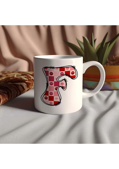 F Harfi Pembe Kareli Kalpli Göz Emojili Kupa Bardak Eğlenceli Kareli Tasarım Kahve Çay Kupası 07 Beyaz