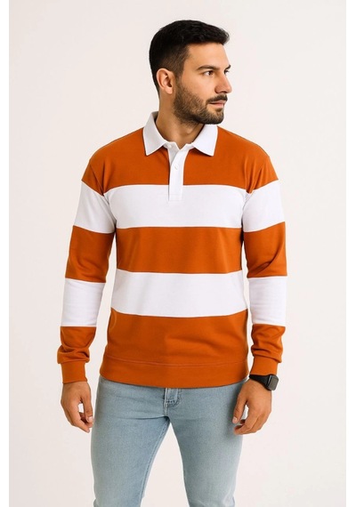 Erkek Polo Yaka Uzun Kollu Çizgili Sweatshirt Trend Rugby Stil - Turuncu Turuncu