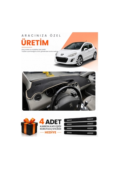 Peugeot 308 2008-2014 Uyumlu Torpido Koruma Örtüsü Oto Kılıfı - Siyah Bej