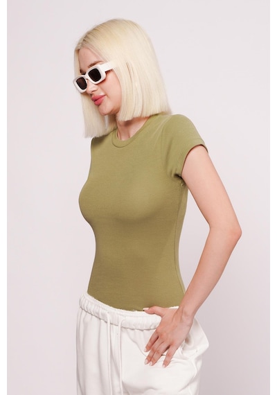Açık Yeşil Bisiklet Yaka Basic Kadın T-shirt Mg2479 Yeşil