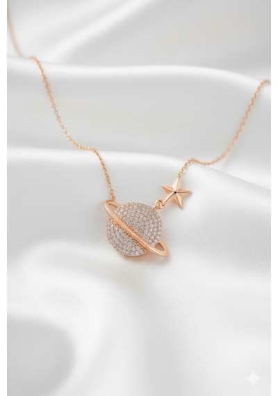 Çekirdekjewelry 925 Ayar Gümüş Rose Kaplama Gezegen Kolye Pembe
