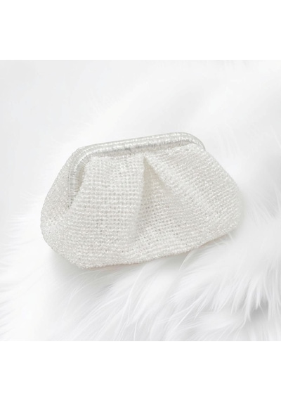 Embahandmde El Yapımı Beyaz Metalik Örgü Clutch Çanta Gelin Çantası Abiye Davet Çantası