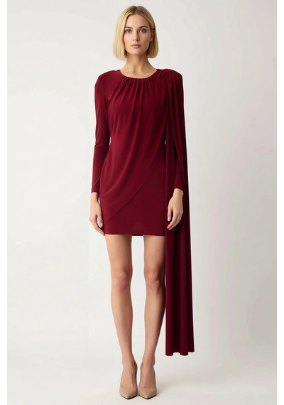 Benerly Kadın Bisiklet Yaka Uzun Kol Düz Örme Bodycon Mini Elbise Fonksiy Koyu Bordo