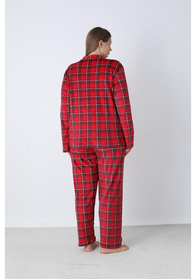 Battal Estiva Kareli Önden Düğmeli Kadife Bayan Pijama Takım Bordo