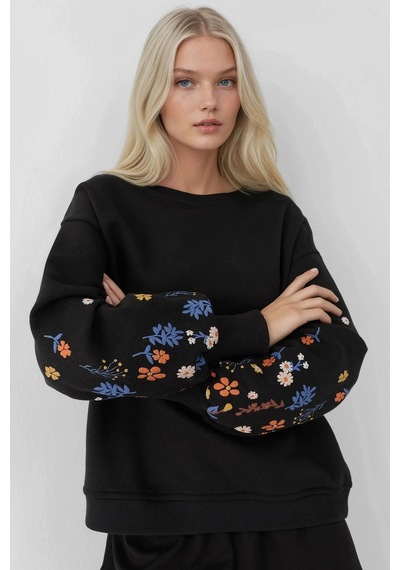 Hiccup Baskılı Uzun Kollu Yuvarlak Yaka Sweatshirt Siyah