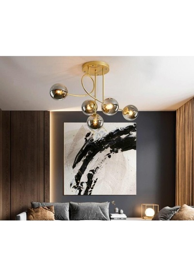 Jade Lüks Modern Salon - Mutfak - Yatak Odası Eskitme Renk Gövde Füme Camlı 5 Li Avize Diğer