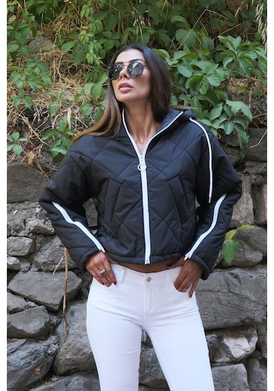 Keyifli Moda Kadın Siyah Kapüşonlu Kolları Fermuarlı Kısa Şişme Mont - S-m Siyah