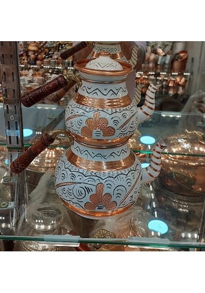 Bakır Çaydanlık El Işlemesi Çiçek Desenli Beyaz Renk İşlemeli Beyaz