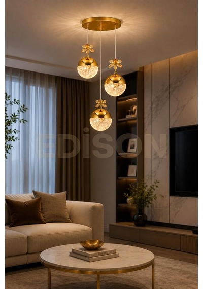 3'lü Gold Kristal Sarkıt Avize, Led Modern Salon Yemek Masası Mutfak Dekoratif Avize, 20 X 25 Cm Diğer