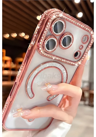 Fibaks iPhone 17 Pro Max Uyumlu Kılıf Taşlı Kamera Lens Korumalı Magsafe Şarj Kilifi Şeffaf Renkli Yumuşak Rose