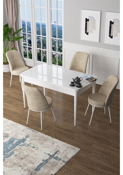 Canisa Concept Zen Serisi 80x132 Mdf Açılabilir Beyaz Masa Takımı Ve 4 Krem Sandalye Beyaz Canisa Concept Zen Serisi 80x132 Mdf Açılabilir Beyaz Masa Takımı Ve 4 Krem Sandalye Beyaz