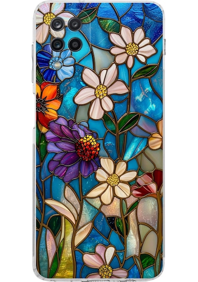 Printify Samsung Galaxy A12 İle Uyumlu Vitray Mavi Bahar Tasarımlı Şeffaf Silikon Kılıf Şeffaf