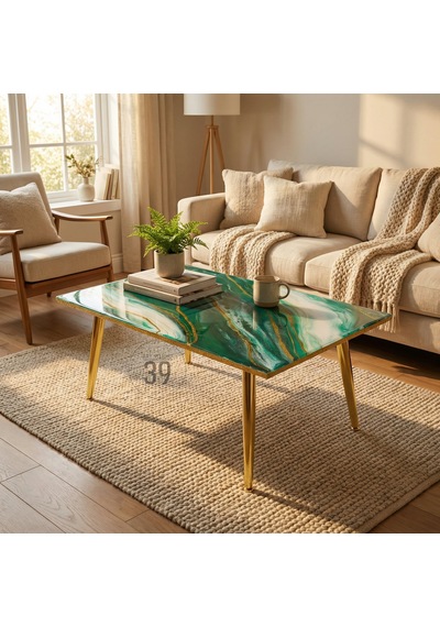 Emerald Regalıa Lüks Geode Epoksi Orta Sehpa 50x70 Cm Altın Detaylı Contemporary Tasarım, Modern Lüks Ev Dekoru Yeşil