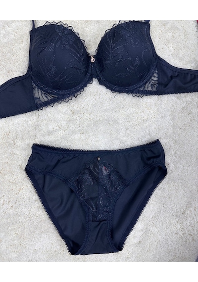 Le Jardin Parlak Simli İpli Brodeli Push-up Sütyen Külot Takım-50 Lacivert