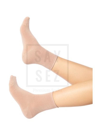Saysez Bambu Kadın Lastiksiz Bej Soket Dikişsiz Premium Çorap 3'lü Pkt Bej