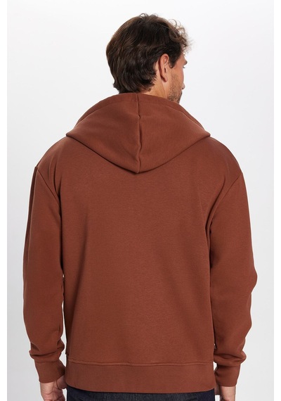 Tudors Unisex Relax Fit Rahat Kesim Pamuklu İçi Polarlı Çift Cepli Fermuarlı Kahverengi Kapüşonlu Sweatshirt-32719