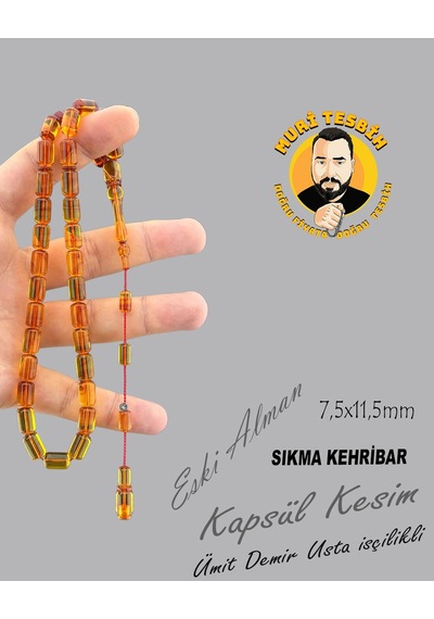 Ümit Demir Hoka Kapağı Eski Alman Sıkma Kehribar Kapsül Kesim 7,5x11,5mm