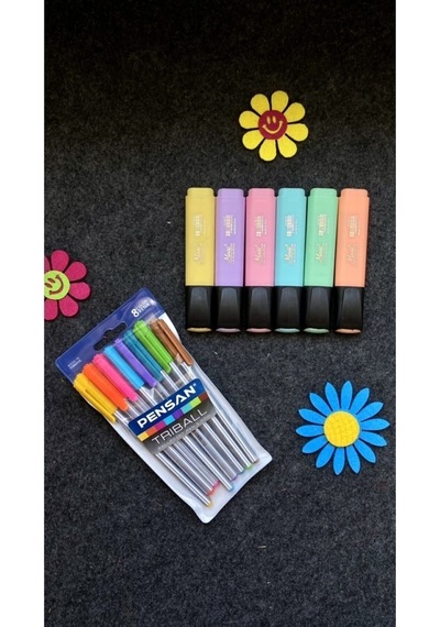 Triball Tükenmez Kalem 8 Renk + Masis Pastel Renk Fosforlu Işaretleme Kalemi 6 Lı Set Karışık