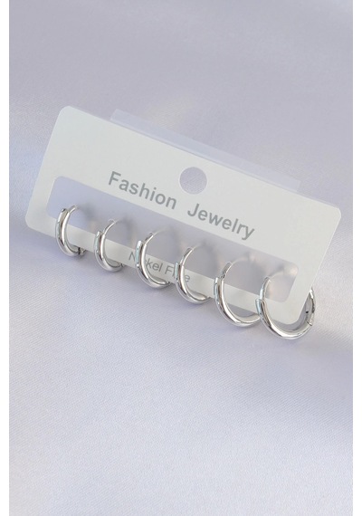 Pirinç Gümüş Renk Oval Küpe Seti Renkli 18009614