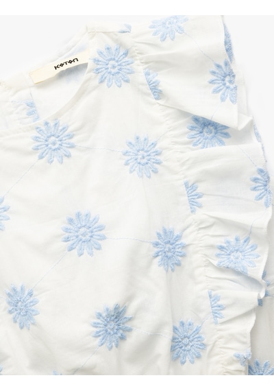 Koton Pamuklu Bisiklet Yaka Kolsuz Çiçek Nakışlı Kolsuz Crop Bluz Mavi Desenli 5skg60067aw Mavi