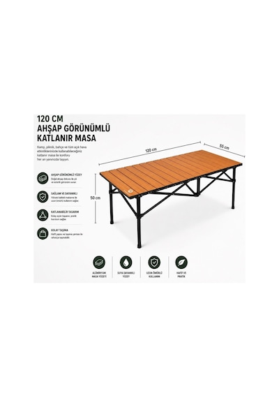 120x55x50 Cm Katlanır Kamp Ve Piknik Masası Hafif, Dayanıklı Ve Taşınabilir Ahşap