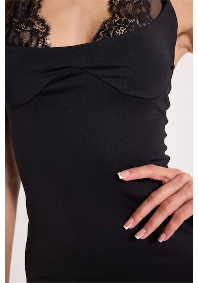 Tudors Kadın Slim Fit Dar Kesim Boyundan Bağlamalı Sıfır Kol Dantel Detaylı Siyah Elbise-52064