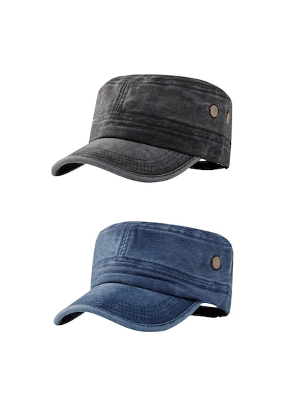 Tezzgelsin Unisex Eskitme Vintage Pamuklu Castro Kep Şapka 2'li Set Siyah - Lacivert