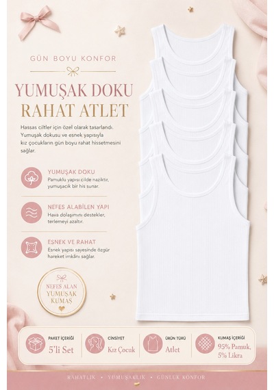 Nicoletta Kız Çocuk Atlet Geniş Askılı 5 Li Paket Likralı Beyaz