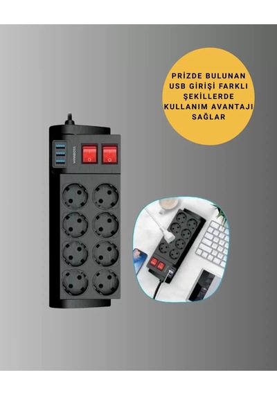 Isıya Dayanıklı Termal Akım Korumalı 8 Li Priz Ve 3 Usb Girişli Uzatma Kablosu