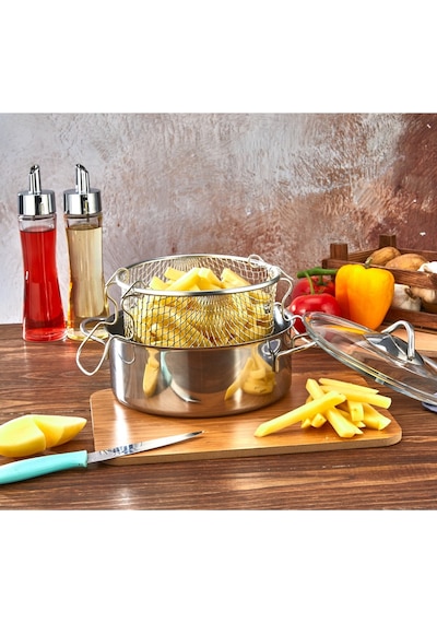 Polochef Protico Çelik Kapaklı Patates Kızartma Tenceresi Derin 20cm Gümüş