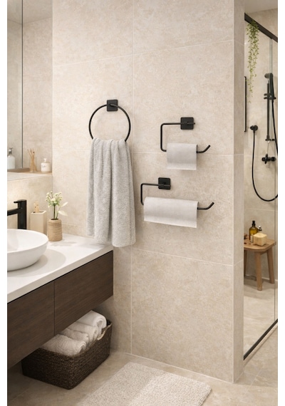 Alper Banyo Jasmin Kare Siyah Yapışkanlı 3'lü Set - Yuvarlak Havluluk Solo Havluluk Kağıtlık Siyah