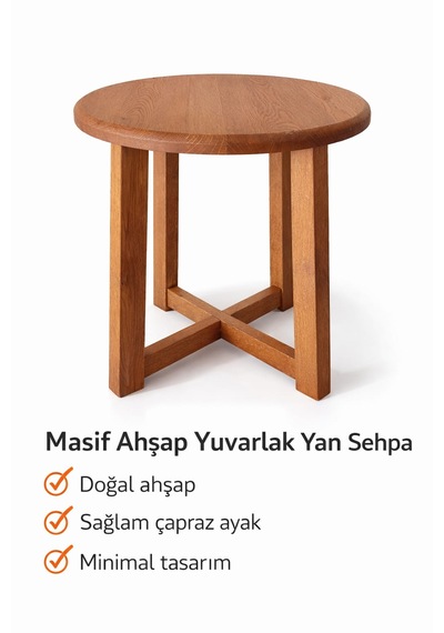 Elahome Sehpa Doğal Meşe Masif Yan Sehpa % 100 Doğal Meşe Masif Kırmızı - Kahverengi