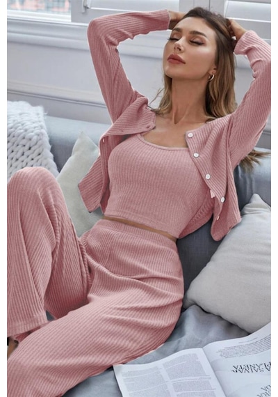 Bella Notte Viskon Pudra 3 Lü Trend Crop Rahat Pijama Takımı 7014