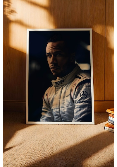 Lewis Hamilton Efsanevi F1 Portresi Çerçeveli Tablo - Lüks Modern Formula 1 Duvar Dekoru Beyaz