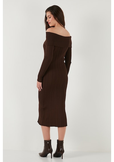 Lela Premium Fitilli Carmen Yaka Slim Fit Midi Boy Triko Bayan Elbise 680El00033 Kahve Lela Premium Fitilli Carmen Yaka Slim Fit Midi Boy Triko Bayan Elbise 680El00033 Kahve