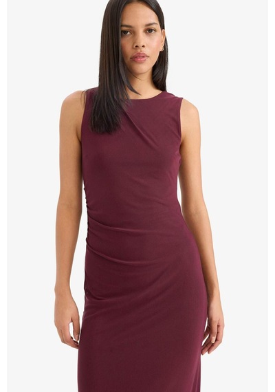 Defacto Bodycon Vücudu Saran Yuvarlak Yaka Tül Kolsuz Midi Elbise D8036ax25aubr232 Bordo