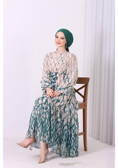 Neşeli Butik Kadın Şifon Eteği Fırfırlı Desenli Tesettür Elbise Sms008 Yeşil