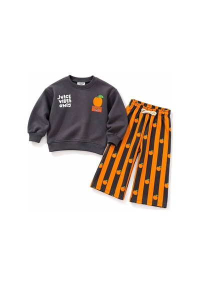 Juice Vibes Only Baskılı Sweatshirt Portakal Desenli Çizgili Alt Üst Takım 3iplik Siyah