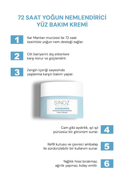 Sinoz Hydrapro Su Bazlı 72 Saat Yoğun Nemlendirici Yüz Bakım Kremi 50 ML