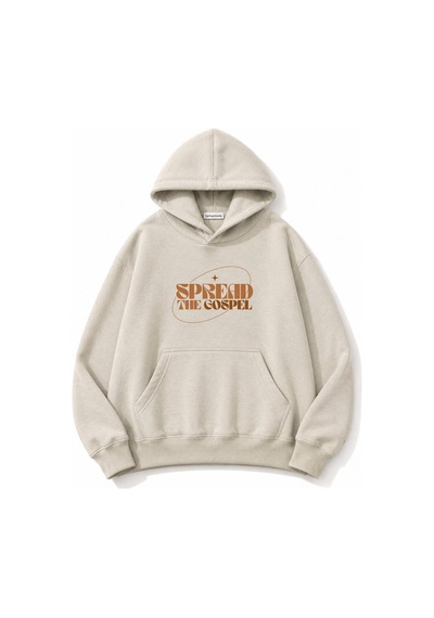Herkesemoda Spread Yazı Baskılı Kanguru Cepli Oversize Sweatshirt Bej