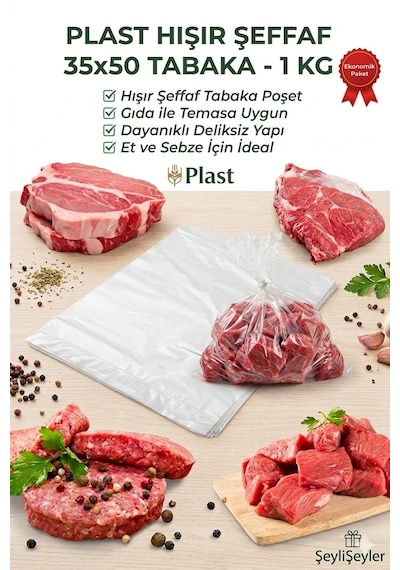 Şeylişeyler - Plast 35x50 Cm Şeffaf Kasap Poşeti 1 Kg - Deliksiz Sızdırmaz Hışır Tabaka Poşet