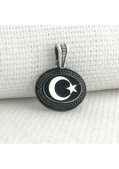 925 Ayar Gümüş Siyah Taşlı Ayyıldız Motifli Kolye Ucu Gümüş