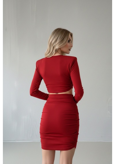 Defymoda Kadın Davet Şıklığı Vatkalı Elbise Kırmızı