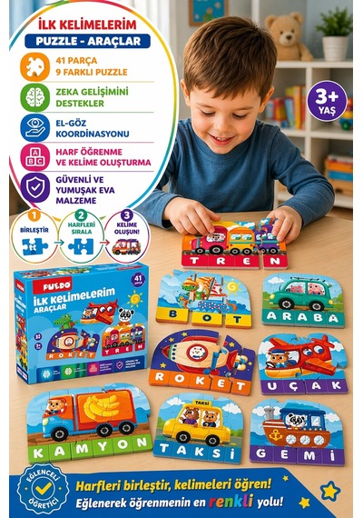 Puedo İlk Kelimelerim Araçlar Puzzle Eva Eğitici Oyuncak 3+ Harf Öğrenme 41 Parça