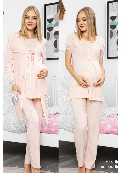 Pudra Renk Sabahlıklı Lohusa Pijama Takımı Polat Yıldız 50111 3lü