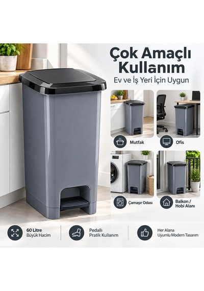 Tr 60 L Slim Pedallı Çöp Kovası, Dar Alanlara Uygun İnce Tasarım Çöp Kutusu, Kapaklı Plastik Atık Kovası, Mut